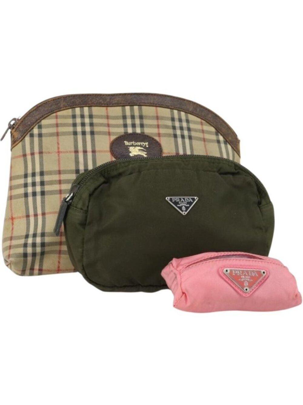 Burberrys PRADA Nova Check Pouch Nylon Canvas 3 Set Pink Brown beige